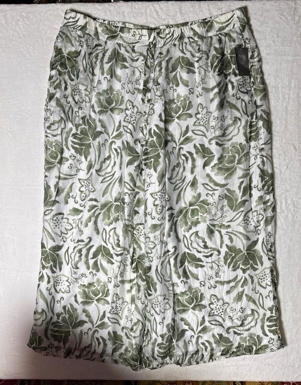 Vince Camuto Women’s Plus 3X Green White Floral Cropped Drawstring Pants Pockets